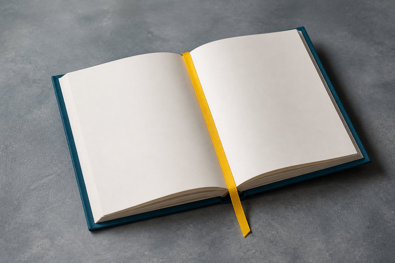 Open hardcover journal with teal cover and yellow ribbon