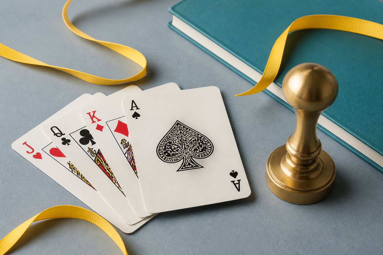 Playing cards beside a notebook and desk stamp