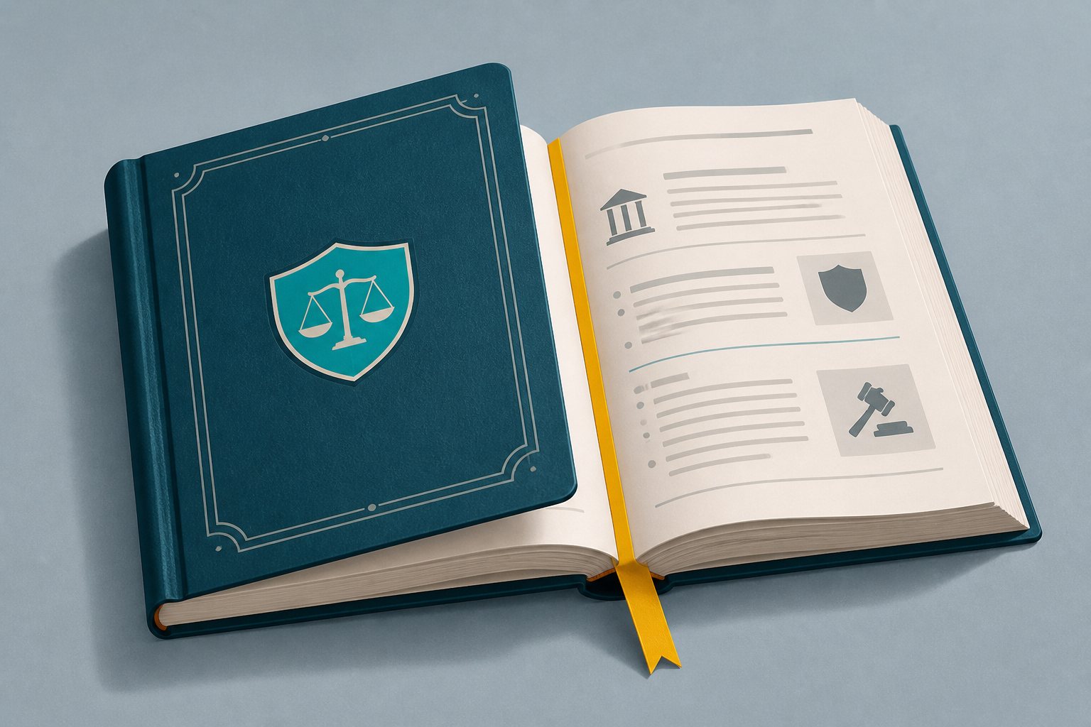 Open rulebook with a teal shield motif on a slate desk
