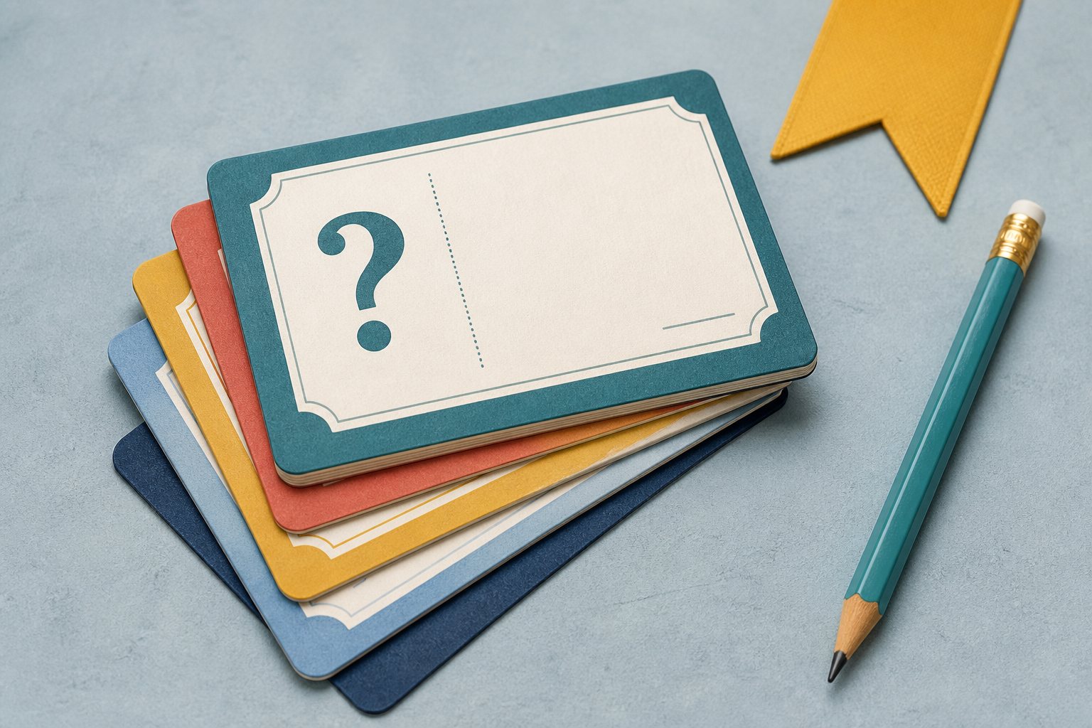 Trivia cards and a pencil on a pale desk