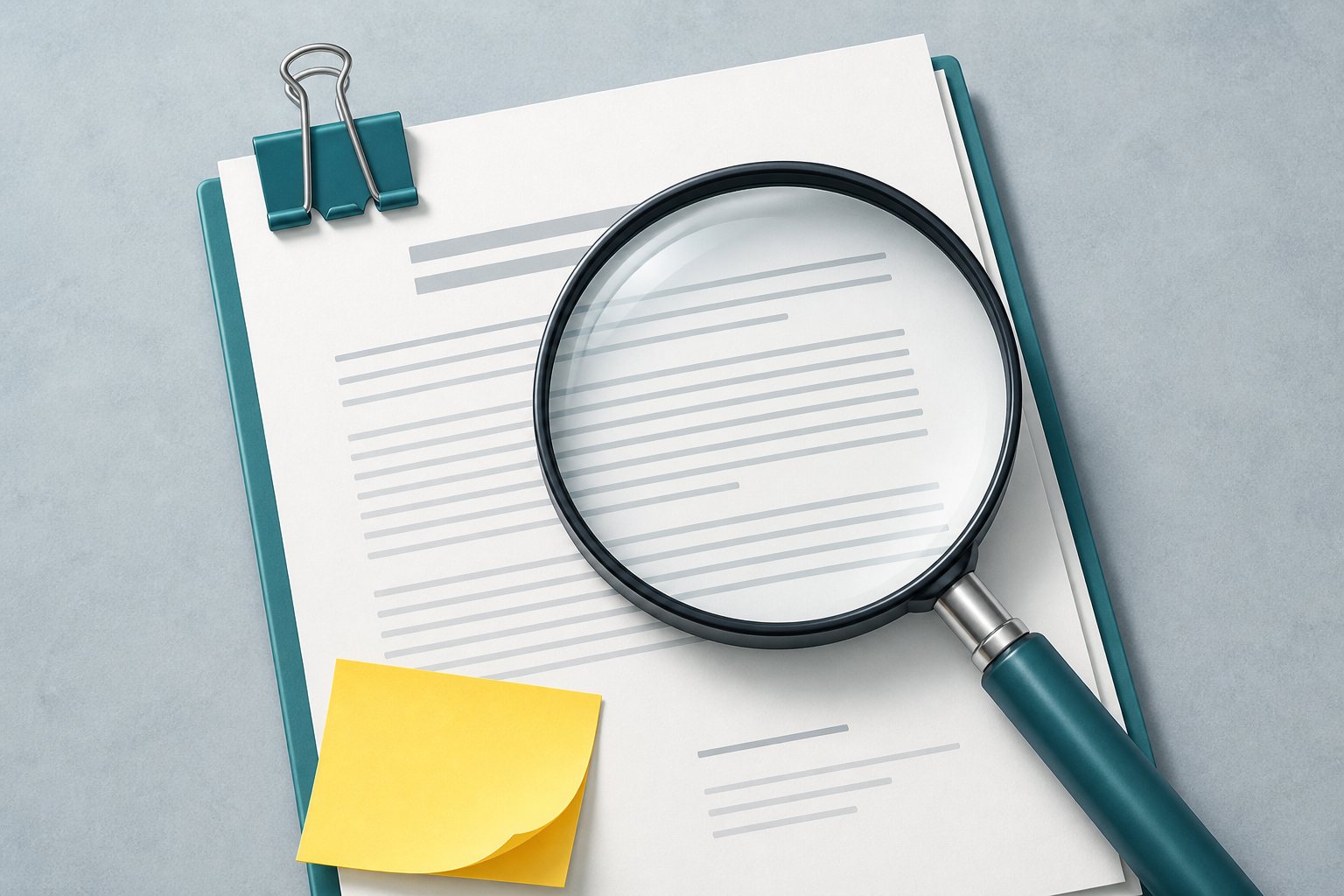 Magnifying glass over a document with a teal binder clip